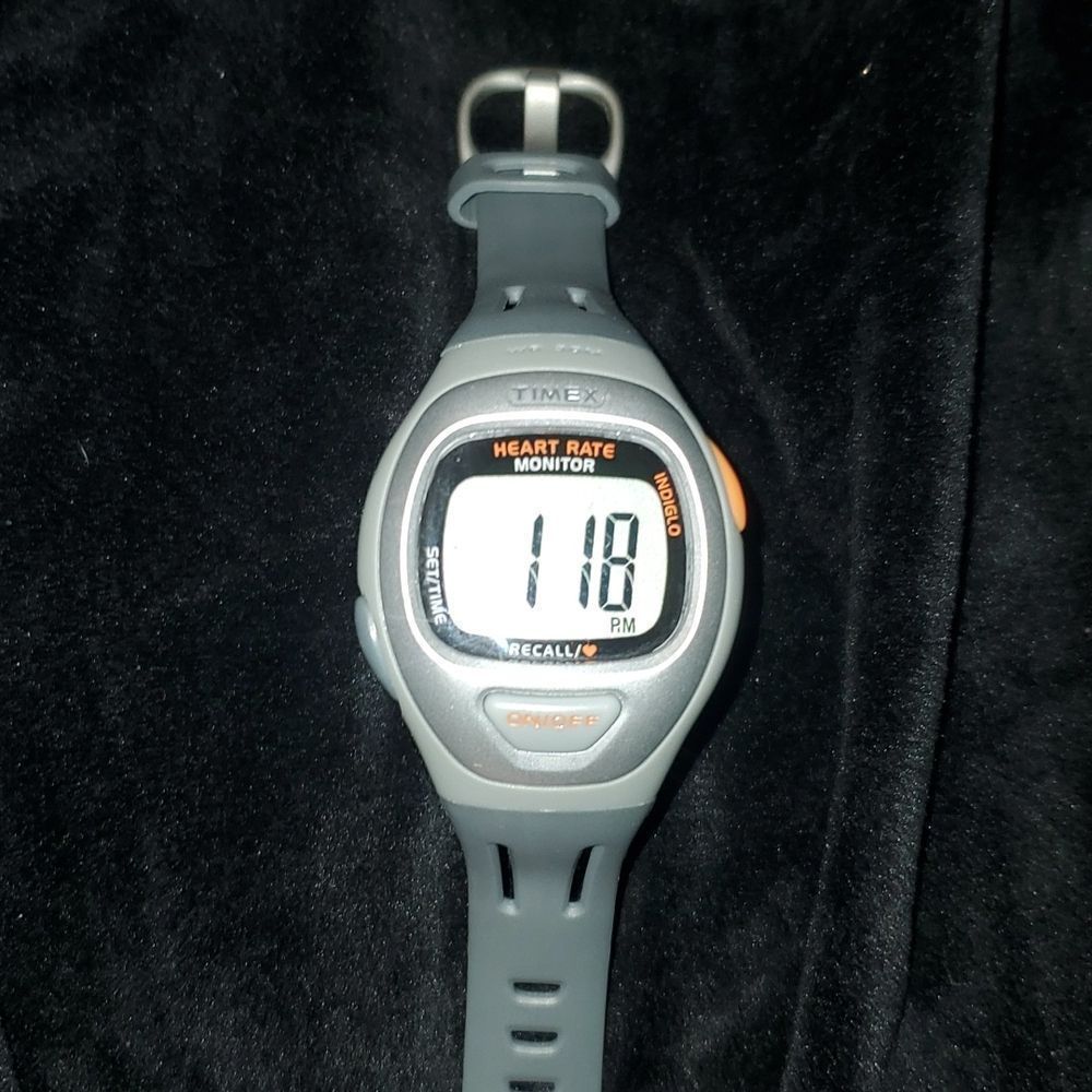 Timex Heart Rate Monitor Watch T5G941 Sport Silver Bezel Grey Band Men Women 30m
